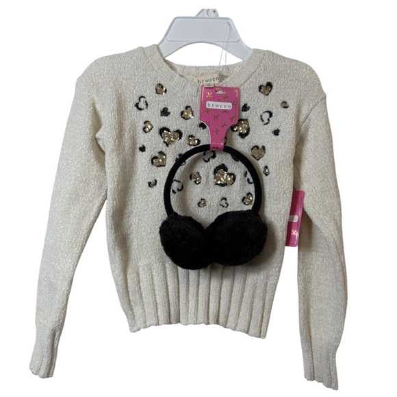 btween Other - Kids Cream Sweater with Sequin Heart and Black Earmuffs